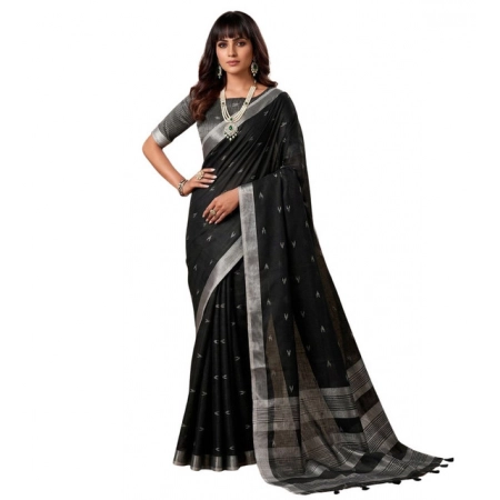 Generic Women's Linen Cotton Printed Saree With Unstitched Blouse 5.5Mtr (Black)
