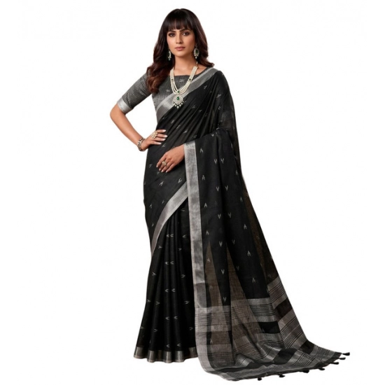 Generic Women's Linen Cotton Printed Saree With Unstitched Blouse 5.5Mtr (Black)