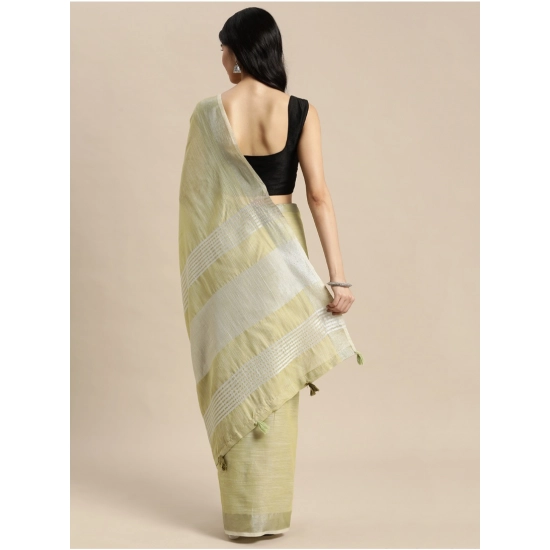 Generic Women's Linen Cotton Printed Saree With Unstitched Blouse 5.5Mtr (Olive Green)