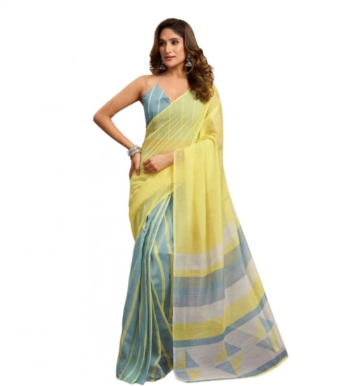 Generic Women's Linen Cotton Printed Ready To Wear With Pocket Saree With Unstitched Blouse 5.5 Mtr (Light_Yellow)