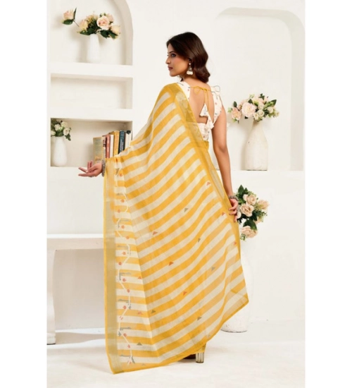 Generic Women's Linen Cotton Printed Ready To Wear Saree With Unstitched Blouse 5.5 Mtr (Light_Mustard)