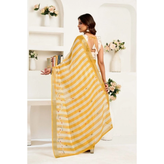 Generic Women's Linen Cotton Printed Ready To Wear Saree With Unstitched Blouse 5.5 Mtr (Light_Mustard)