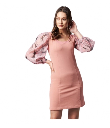 Generic Women's Polyester Lycra And Organza Floral Balloon Sleeve Dress (Pink)