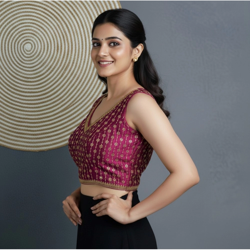 Women's Silk Blend Embroidered V-Neck Non Padded Blouse (Dark Wine 38 Ready (Alterable up to 42)