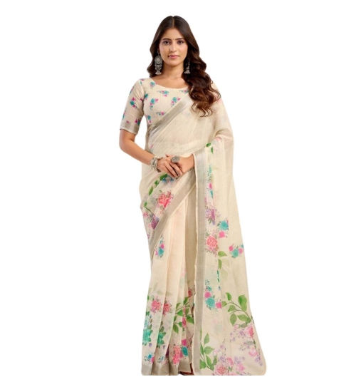 Generic Women's Linen Cotton Printed Ready To Wear Saree With Unstitched Blouse 5.5 Mtr (Light_Beige)