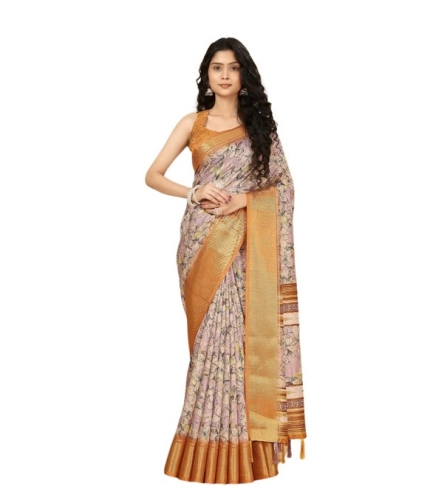 Generic Women's Cotton Silk Floral Printed Saree With Unstitched Blouse 5.5Mtr (Lavender)
