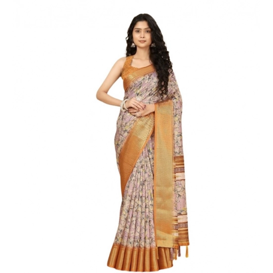 Generic Women's Cotton Silk Floral Printed Saree With Unstitched Blouse 5.5Mtr (Lavender)