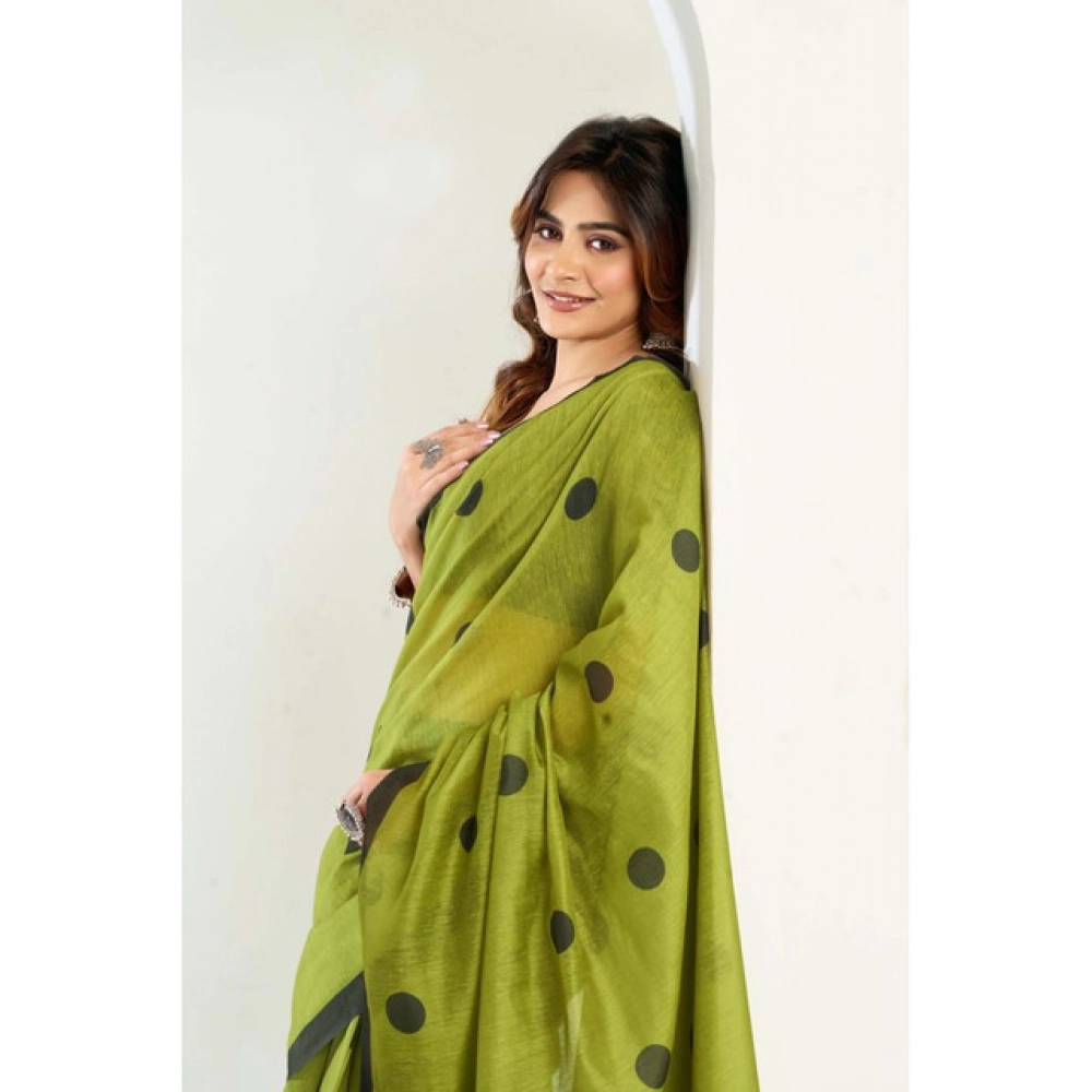 Generic Women's Linen Cotton Printed Ready To Wear Saree With Unstitched Blouse 5.5 Mtr (Green)