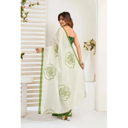 Generic Women's Faux_Linen Printed Ready-to-Wear Saree With Unstitched Blouse 5.5 Mtr (White)