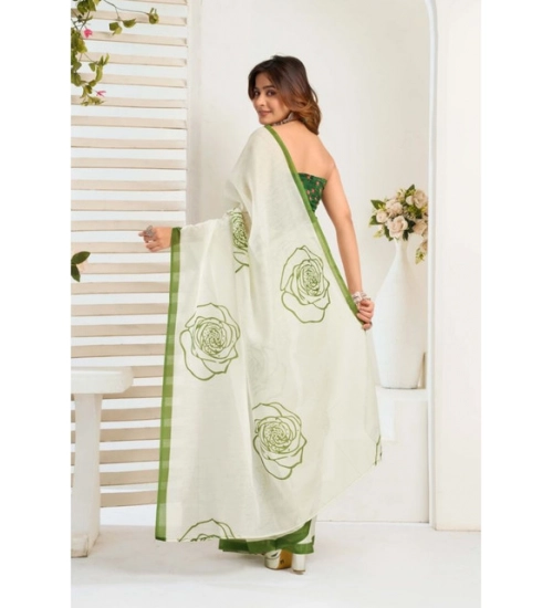 Generic Women's Faux_Linen Printed Ready-to-Wear Saree With Unstitched Blouse 5.5 Mtr (White)