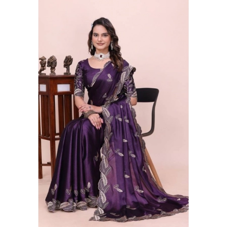 Generic Women's Georgette Embroidered Saree With Unstitched Blouse 5.5Mtr (Purple)
