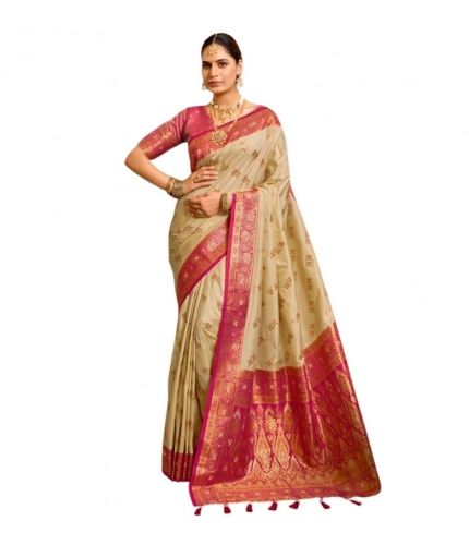 Generic Women's Silk Blend Booti Work Ready to wear Saree With Unstitched Blouse 5.5Mtr (LightBeige)