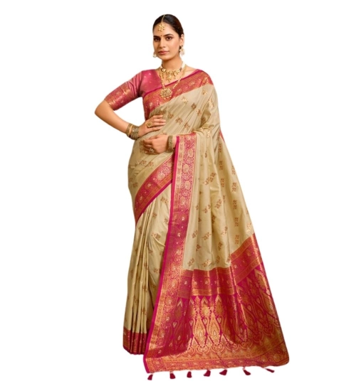 Generic Women's Silk Blend Booti Work Ready to wear Saree With Unstitched Blouse 5.5Mtr (LightBeige)