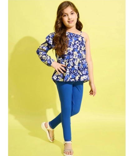 Generic Girl's Polyester Floral One Shoulder Jeggings Set (Blue)