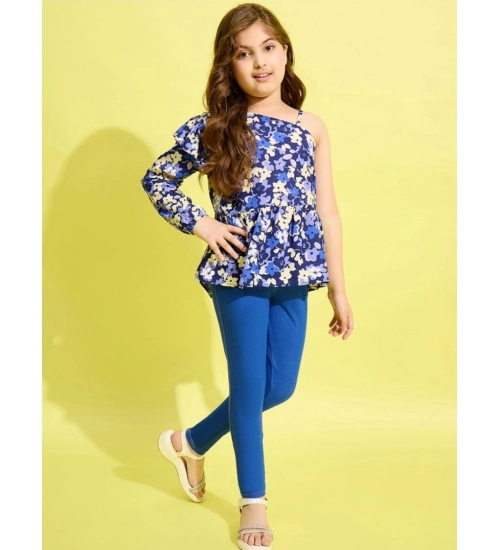 Generic Girl's Polyester Floral One Shoulder Jeggings Set (Blue)
