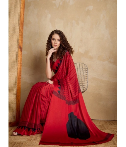 Generic Women's Satin Crepe Printed Saree With Unstitched Blouse 5.5Mtr (Red)