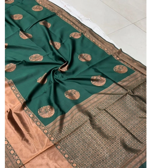 Generic Women's Litchi silk Printed Saree With Unstitched Blouse (Green)