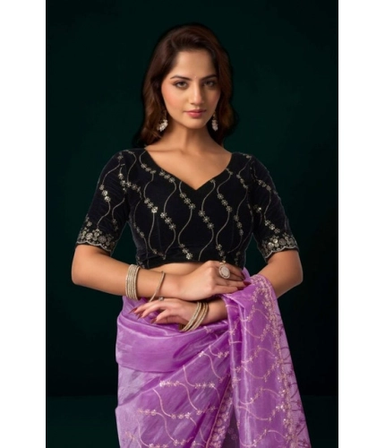 Generic Women's Net Sequence Saree With Unstitched Blouse 5.5Mtr (Lavender)