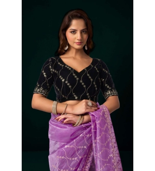 Generic Women's Net Sequence Saree With Unstitched Blouse 5.5Mtr (Lavender)