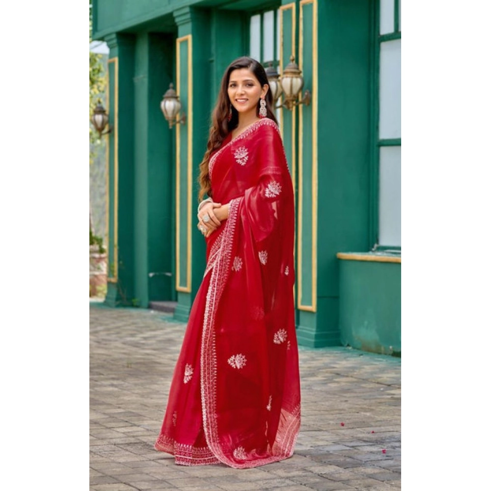 Generic Women's Faux Shimmer Floral Embroidery Ready to wear Saree With Unstitched Blouse 5.5Mtr (Red) Generic Women's Faux Shimmer Floral Embroidery Ready to wear Saree With Unstitched Blouse 5.5Mtr (Red)