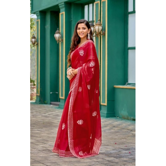Generic Women's Faux Shimmer Floral Embroidery Ready to wear Saree With Unstitched Blouse 5.5Mtr (Red) Generic Women's Faux Shimmer Floral Embroidery Ready to wear Saree With Unstitched Blouse 5.5Mtr (Red)