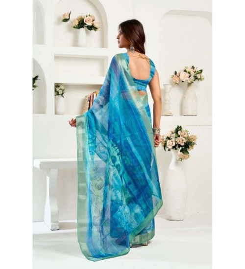 Generic Women's Linen Cotton Printed Ready To Wear Saree With Unstitched Blouse 5.5 Mtr (Blue)