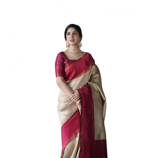 Generic Women's Soft Lichi Silk Printed Saree With Unstitched Blouse 5.5Mtr (Cream)