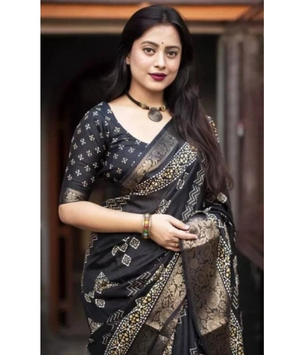 Generic Women's Cotton Silk Printed Saree With Unstitched Blouse 5.5Mtr (Black)