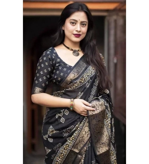 Generic Women's Cotton Silk Printed Saree With Unstitched Blouse 5.5Mtr (Black)
