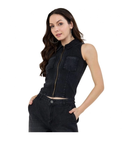 Generic Women's Denim Lycra Solid Sleeveless Top (Black)
