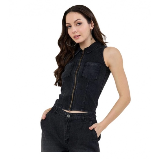 Generic Women's Denim Lycra Solid Sleeveless Top (Black) Generic Women's Denim Lycra Solid Sleeveless Top (Black)