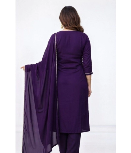 Generic Women's Georgette Ethnic Motif Round 3/4th Sleeve Kurti With Pant Dupatta Set (Purple)