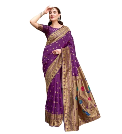 Generic Women's Silk Blend Paithani Weaving Saree With Unstitched Blouse 5.5Mtr (Purple)