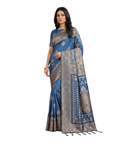 Generic Women's Silk Blend Printed Saree With Unstitched Blouse 5.5Mtr (Sky Blue)