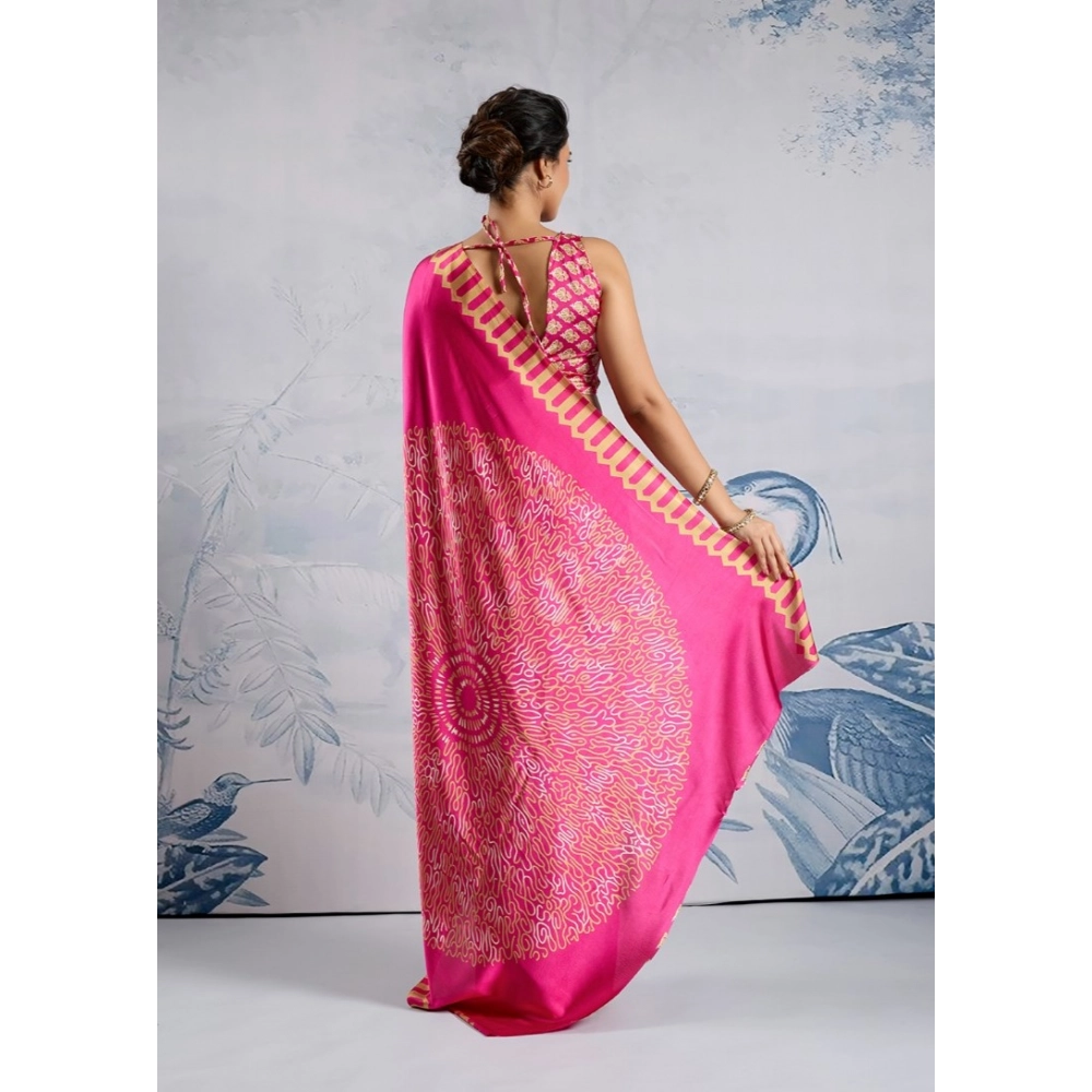 Generic Women's Satin Crepe Printed Saree With Unstitched Blouse 5.5Mtr (Pink)