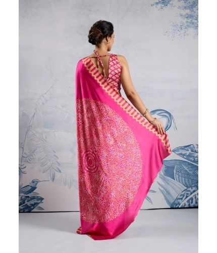 Generic Women's Satin Crepe Printed Saree With Unstitched Blouse 5.5Mtr (Pink)