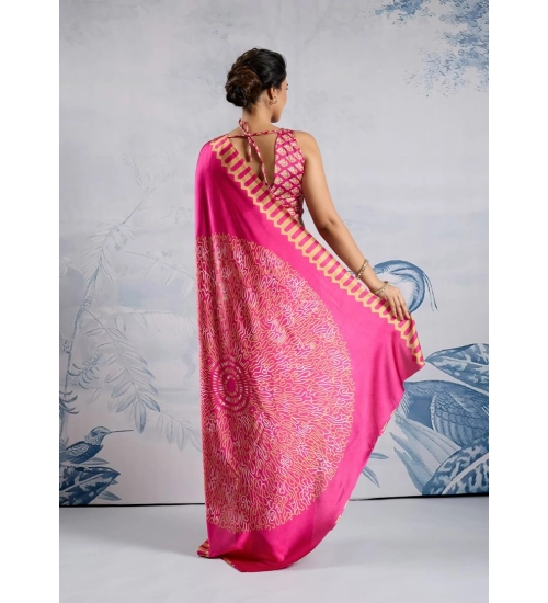 Generic Women's Satin Crepe Printed Saree With Unstitched Blouse 5.5Mtr (Pink)