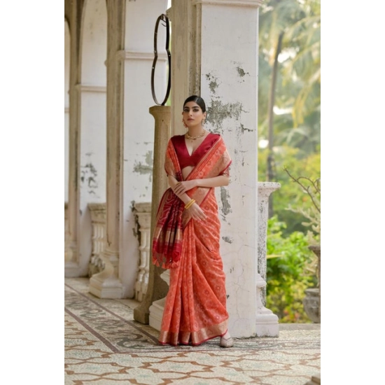 Generic Women's Silk_Blend Ethnic Ikat Pattern Saree With Unstitched Blouse 5.5Mtr (Orange)