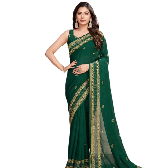 Generic Women's Vichitra Silk Embroidery Work Saree With Unstitched Blouse 5.5Mtr (Green)