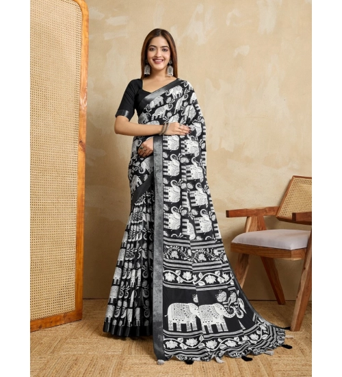 Generic Women's Silk Blend Printed Saree With Unstitched Blouse 5.5Mtr (Black)