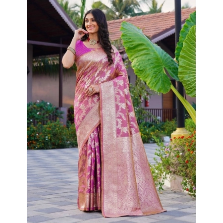 Generic Women's Jacquard Printed Saree With Unstitched Blouse 5.5Mtr (Pink)