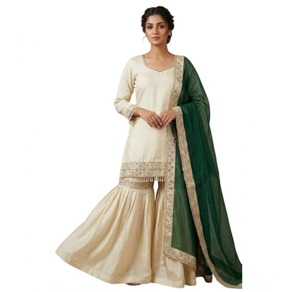 Generic Women's Silk Embroidered 3/4th Sleeve V-Neck Kurti With Sharara Pant and Dupatta Set (Cream & Bottle Green) Generic Women's Silk Embroidered 3/4th Sleeve V-Neck Kurti With Sharara Pant and Dupatta Set (Cream & Bottle Green)