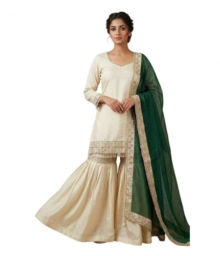 Generic Women's Silk Embroidered 3/4th Sleeve V-Neck Kurti With Sharara Pant and Dupatta Set (Cream &amp; Bottle Green)