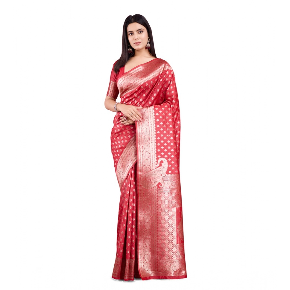 Generic Women's Banarasi Silk Printed Saree With Unstitched Blouse 5.5Mtr (Red)
