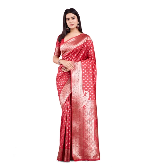 Generic Women's Banarasi Silk Printed Saree With Unstitched Blouse 5.5Mtr (Red)