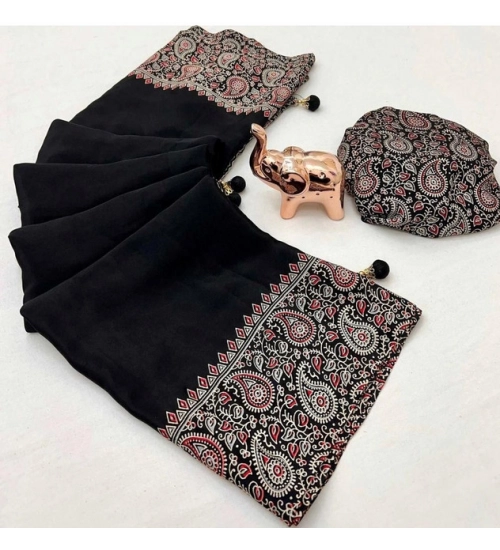 Generic Women's Gajji Soft Silk Printed Saree With Unstitched Blouse 5.5Mtr (Black)