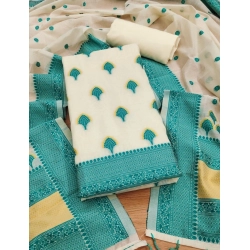 Generic Women's Banarasi Silk Printed Unstitched Salwar Suit Material With Dupatta (Teal, 3Mtrs)