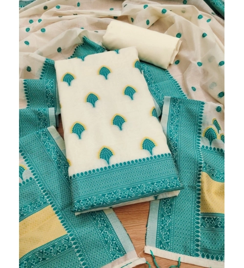 Generic Women's Banarasi Silk Printed Unstitched Salwar Suit Material With Dupatta (Teal, 3Mtrs)