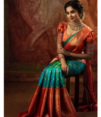 Generic Women's Soft Lichi Silk Printed Saree With Unstitched Blouse 5.5Mtr (Green)
