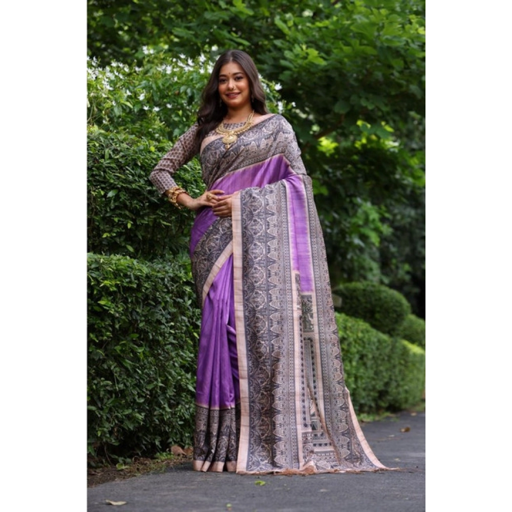 Women's Faux_Tussar Ethnic_Print Saree With Unstitched Blouse 5.5Mtr (Purple)